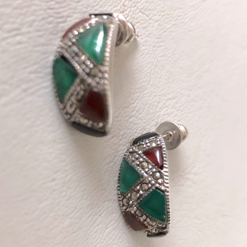 Stone & Marcasite Silver Earrings - Picture 5 of 6